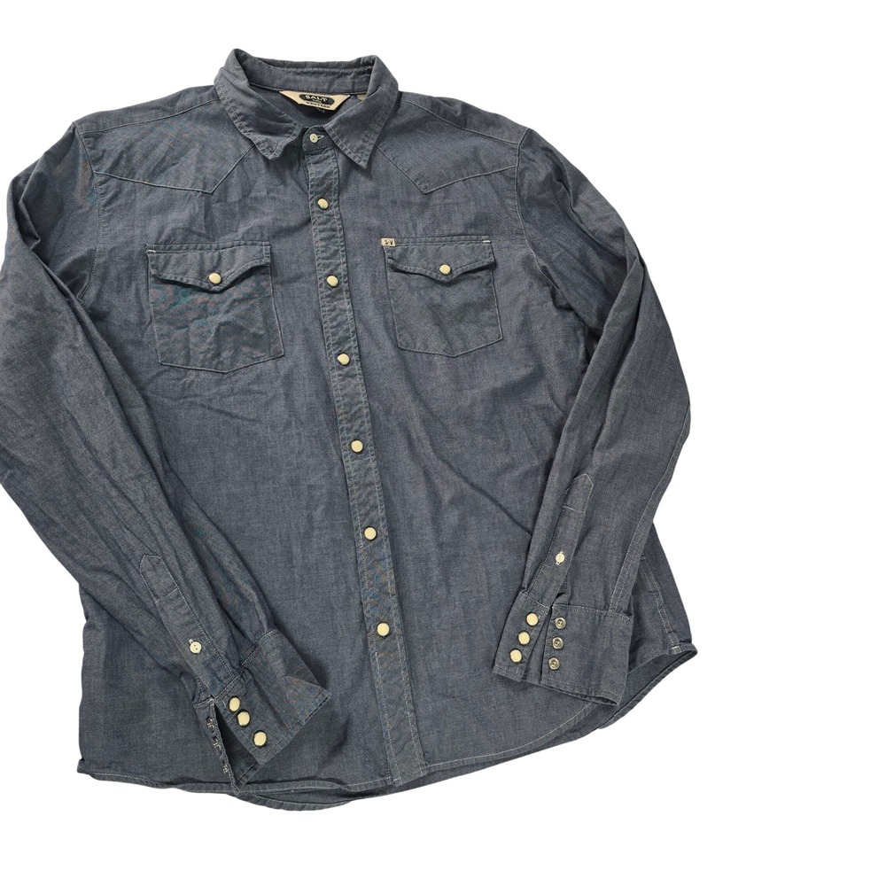 Salt Valley Western Mens Blue Chambray Pearl Snap Long Sleeve Shirt Large L